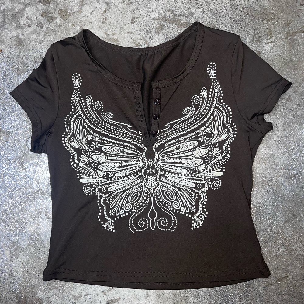 Y2k Butterfly Print Button Crop Top Emmiol